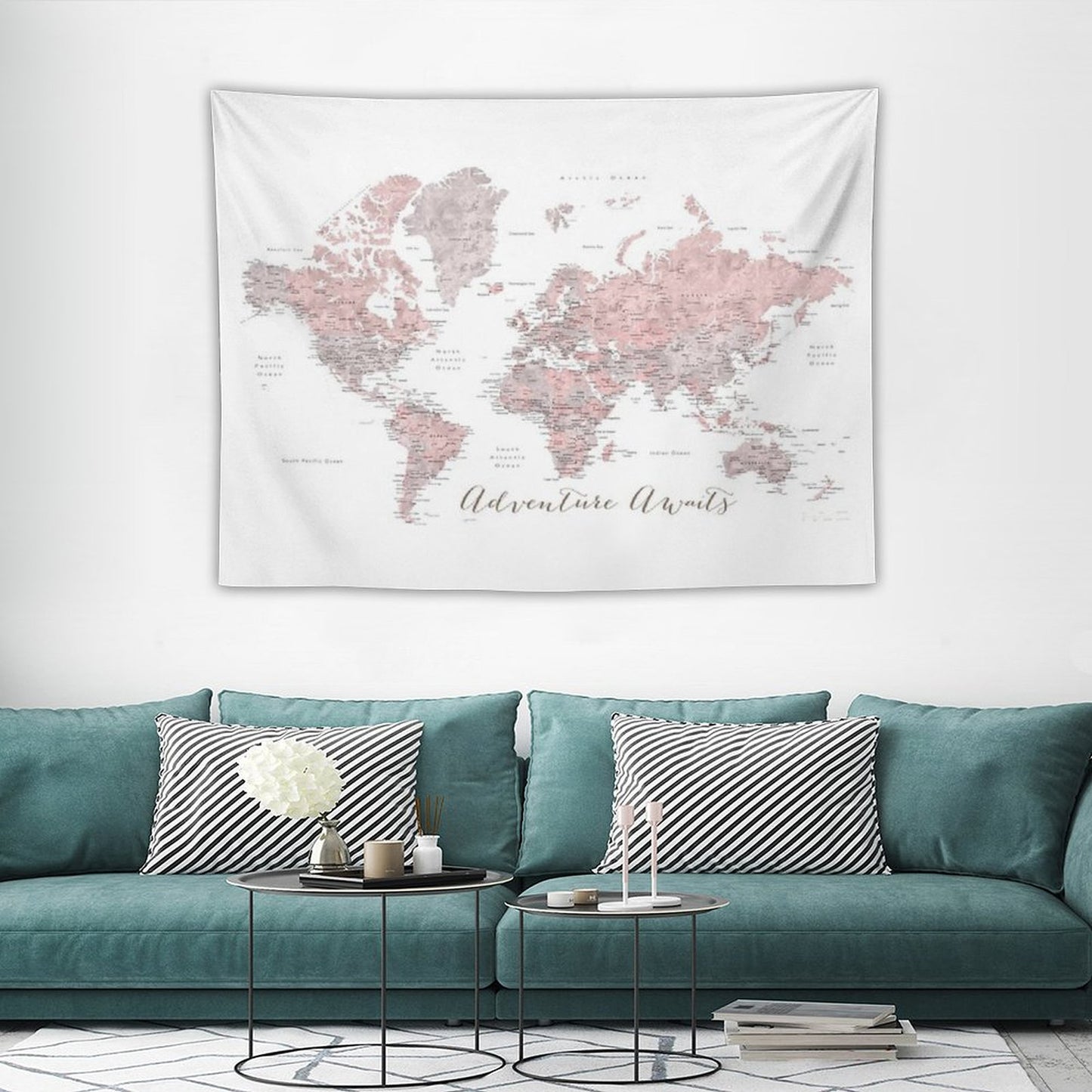 World Map Adventure Awaits in Dusty Pink And Grey Tapestry