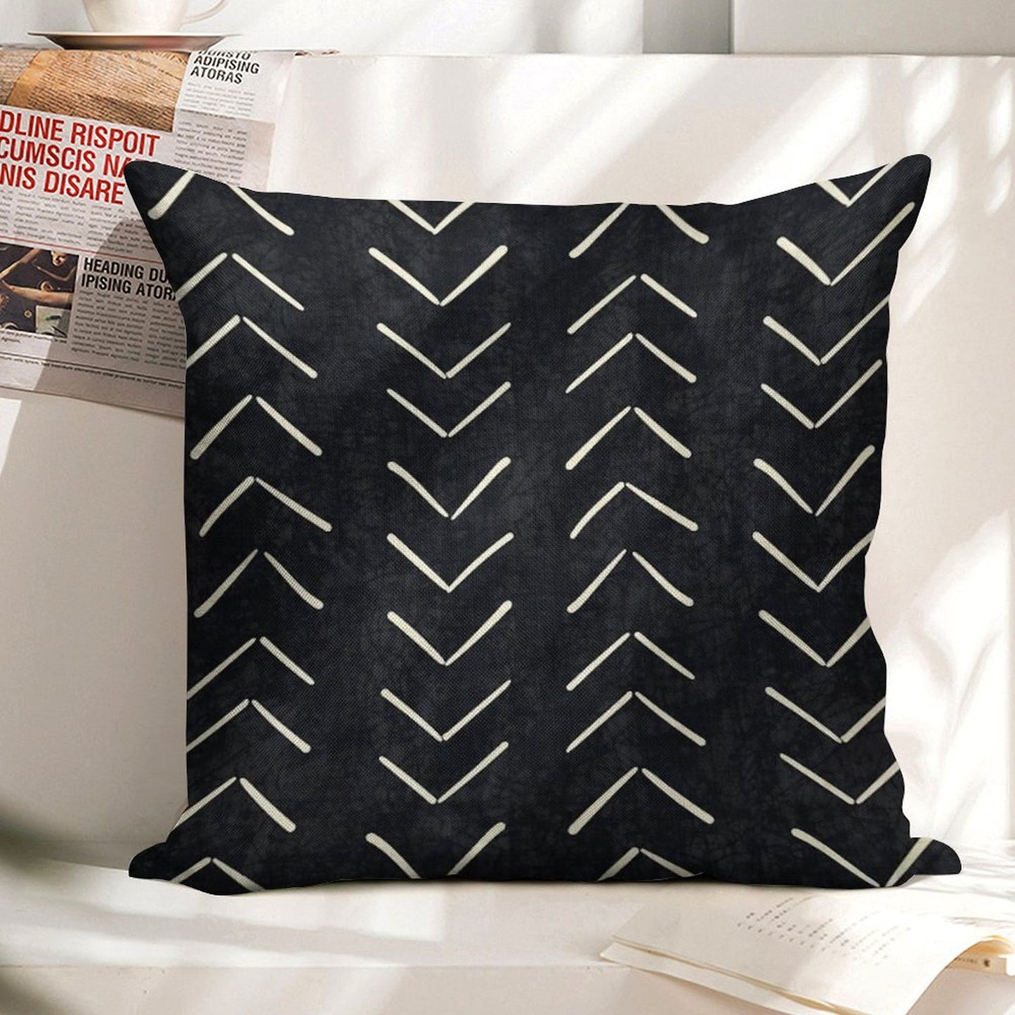 Boho Big Arrows in Black And White Linen Throw Pillow Cover