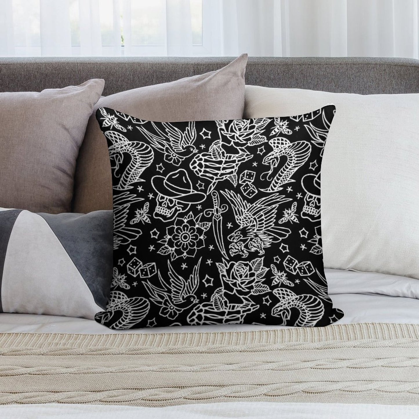 American Traditional Tattoo Flash Print Soft Reinforced Edging Throw Pillow