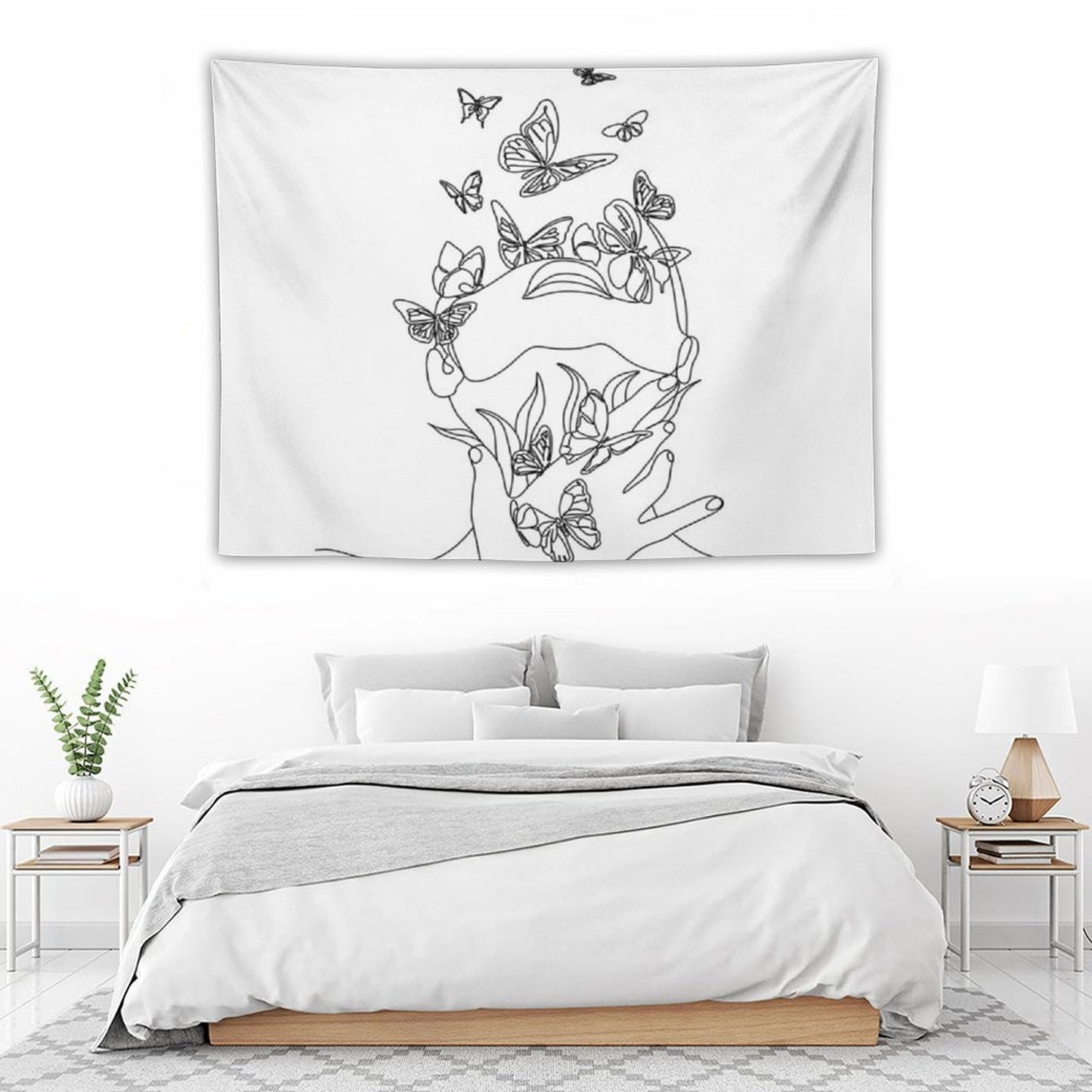 Abstract Face with Butterfly by One Line Drawing. Portrait Minimalistic Style. Botanical Print. Nature Symbol of Cosmetics. Mod Tapestry