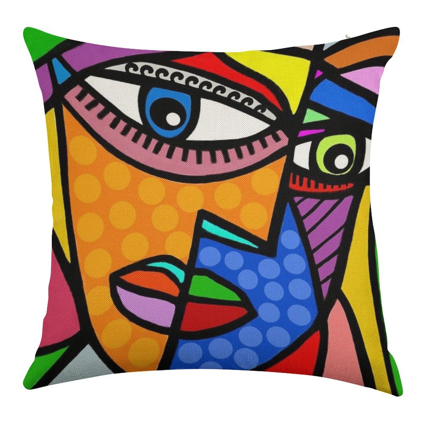 Funky Abstract Style Art Face with Dots And Stripes Linen Throw Pillow Cover