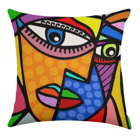 Funky Abstract Style Art Face with Dots And Stripes Linen Throw Pillow Cover