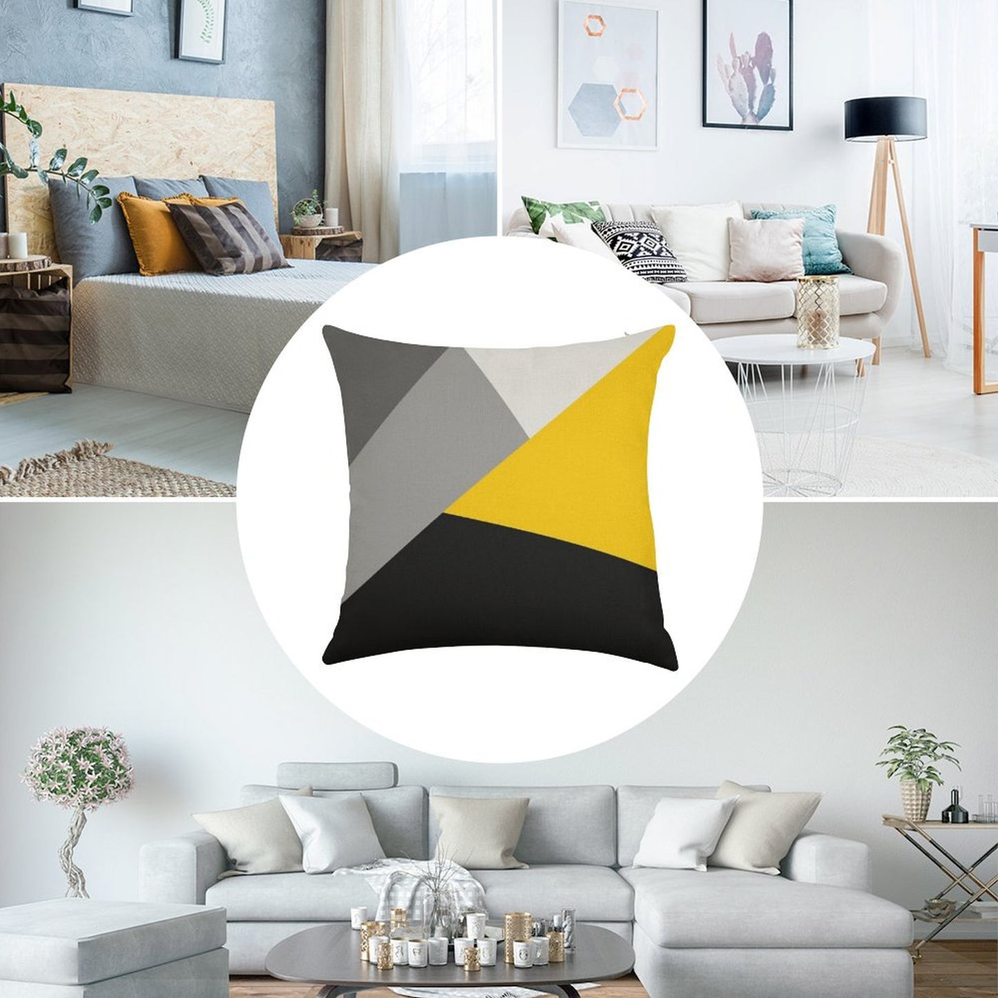 Simple Modern Gray Yellow And Black Geo Linen Throw Pillow Cover