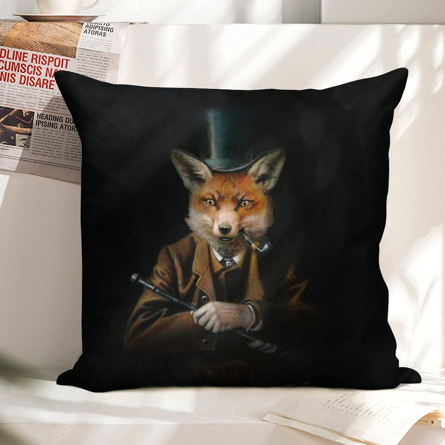 Dapper Victorian Fox Linen Throw Pillow Cover