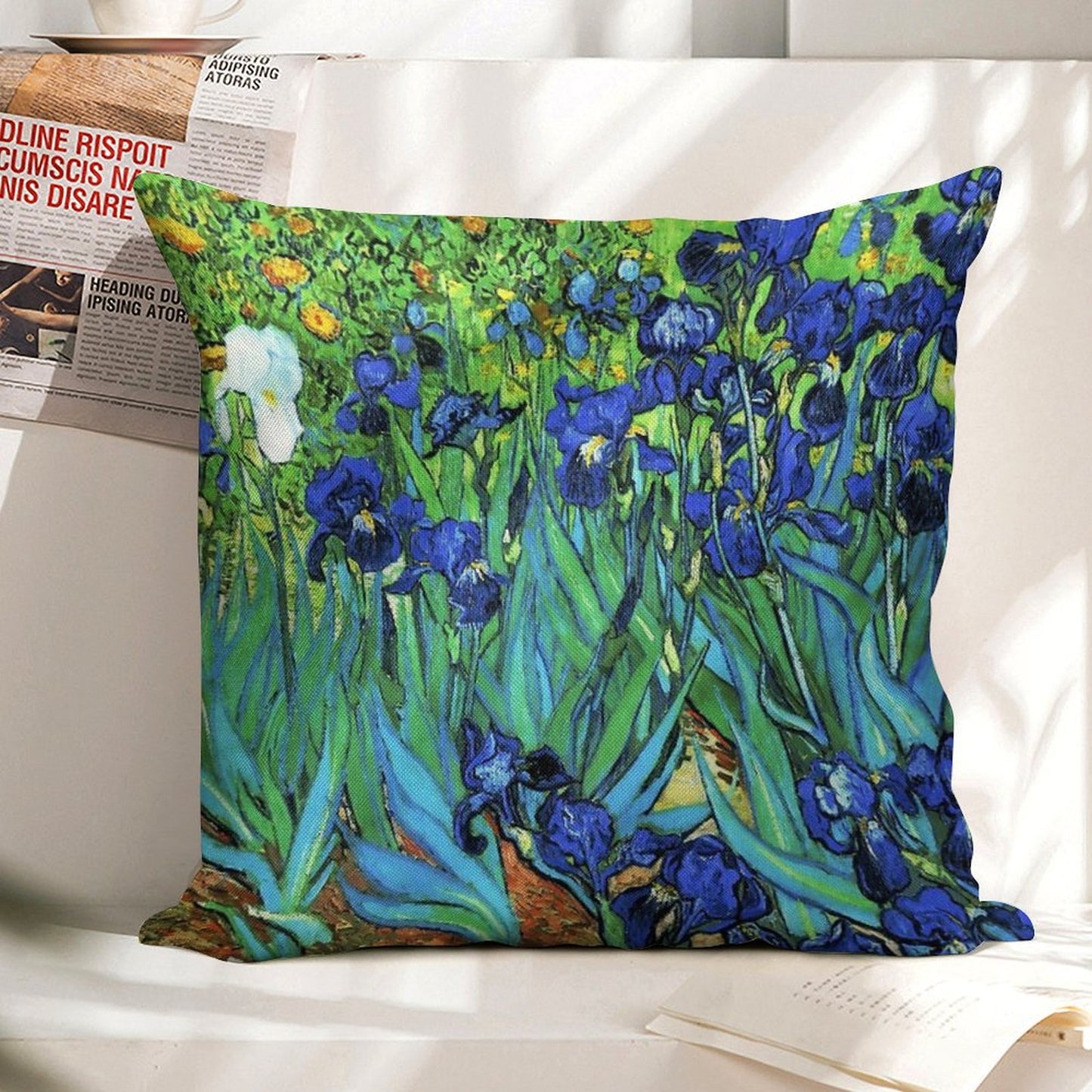 Van Gogh HDR Garden Irises Linen Throw Pillow Cover