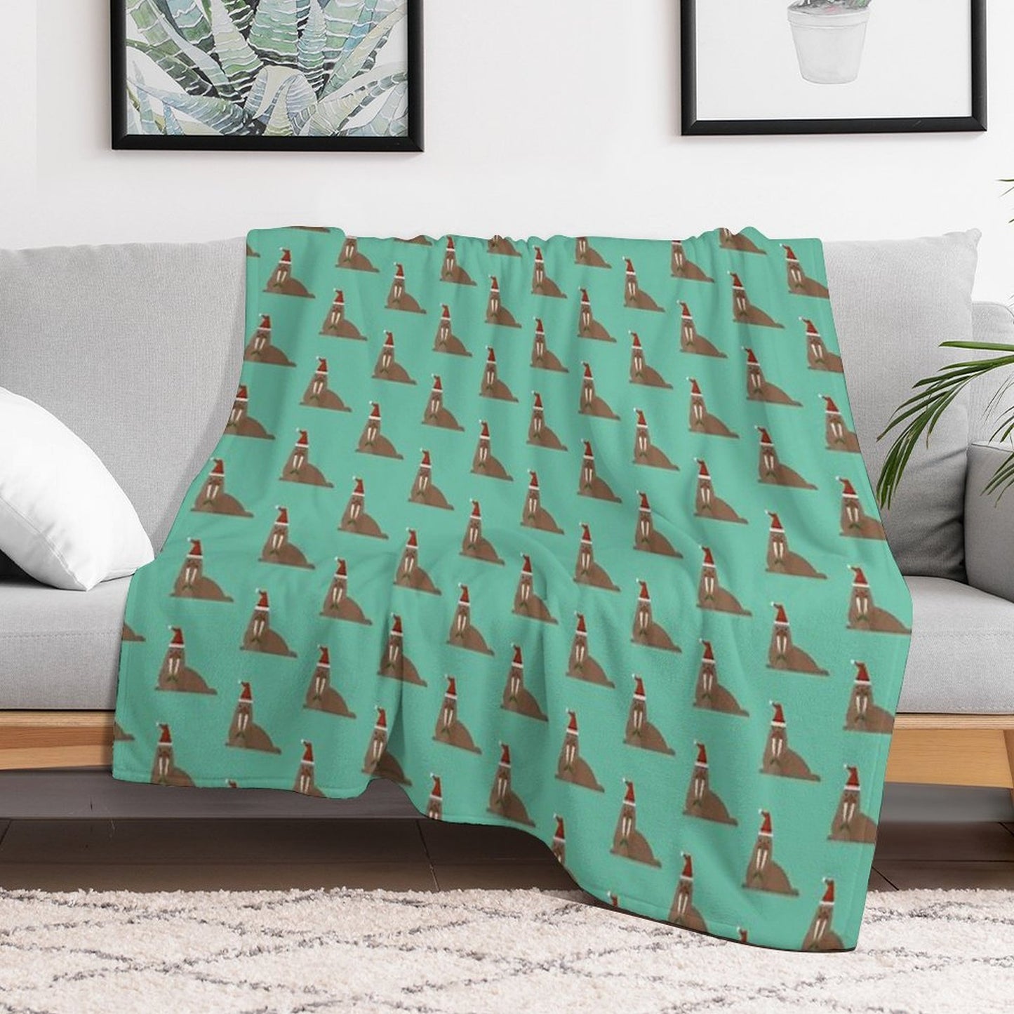 Christmas Walruses on Blue Throw Blanket