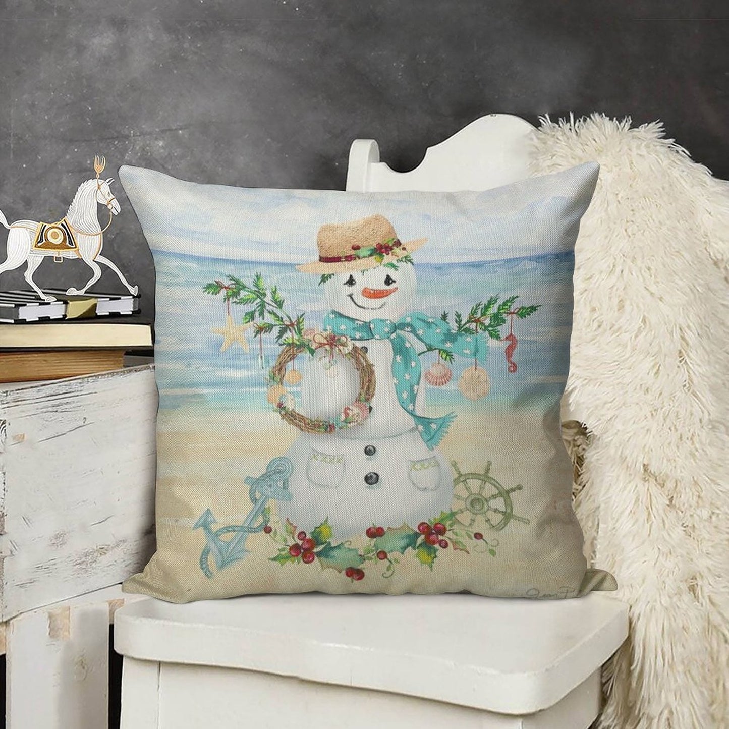 Coastal Christmas F Linen Throw Pillow Cover
