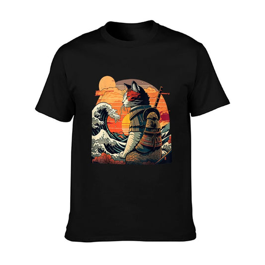 Japanese Retro Samurai Cat The Great Wave by Hokusai T-Shirt