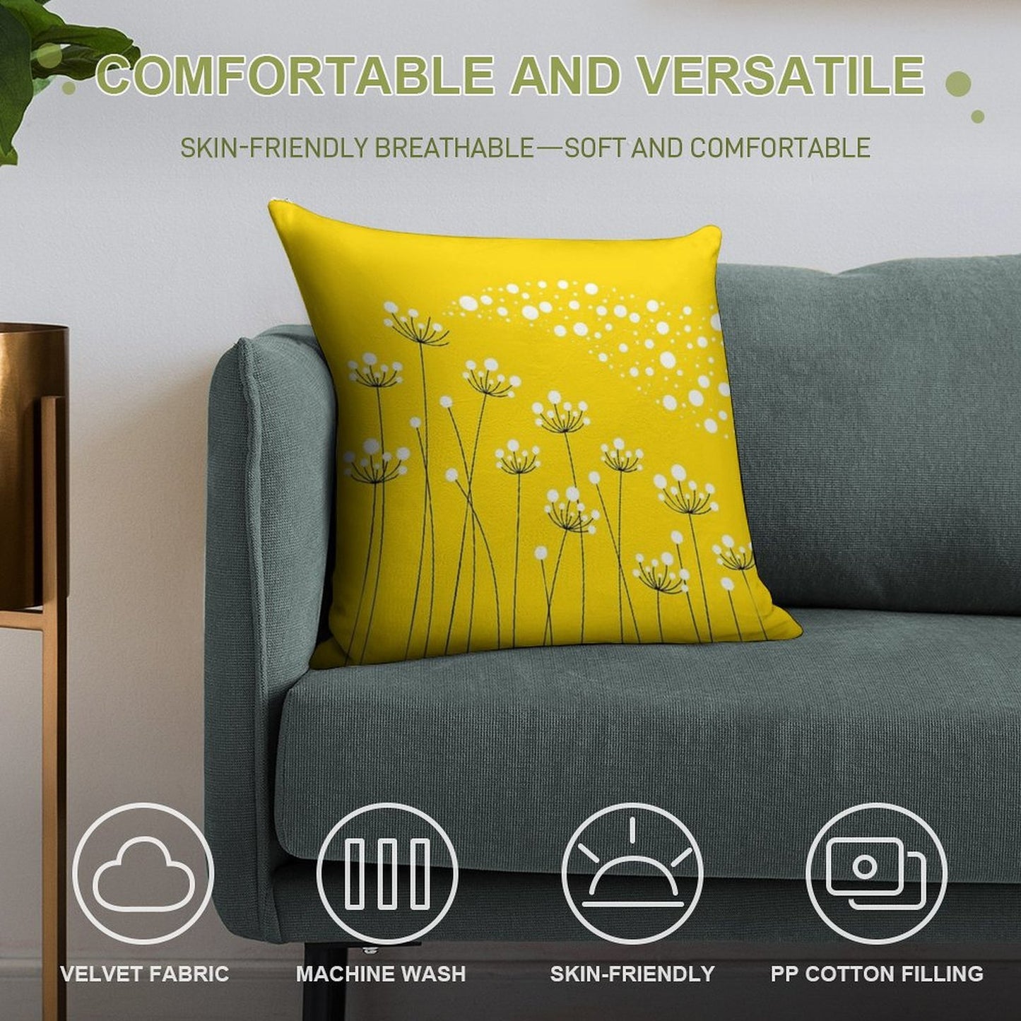 Dandelions (on Yellow) Soft Bedroom Essential Throw Pillow