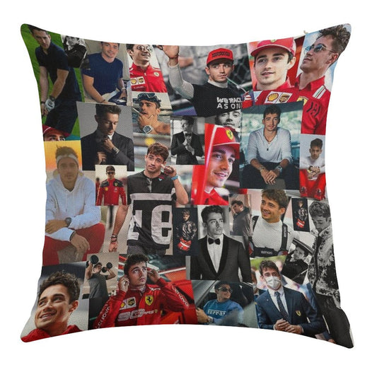 Charles Leclerc Monacan Motorsports Racing Driver Collage Linen Throw Pillow Cover