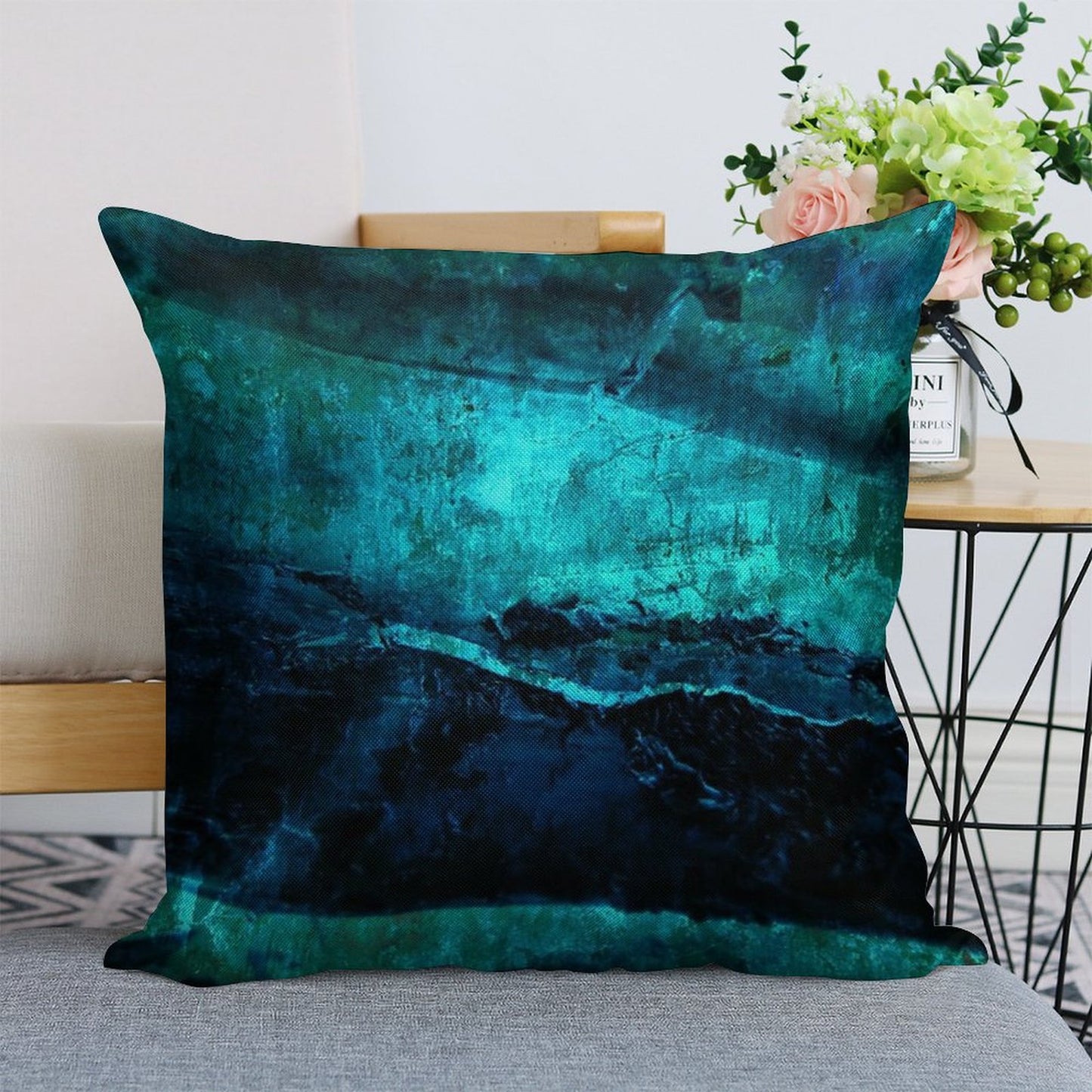 Beneath - Abstract in Navy Blue And Turquoise Linen Throw Pillow Cover