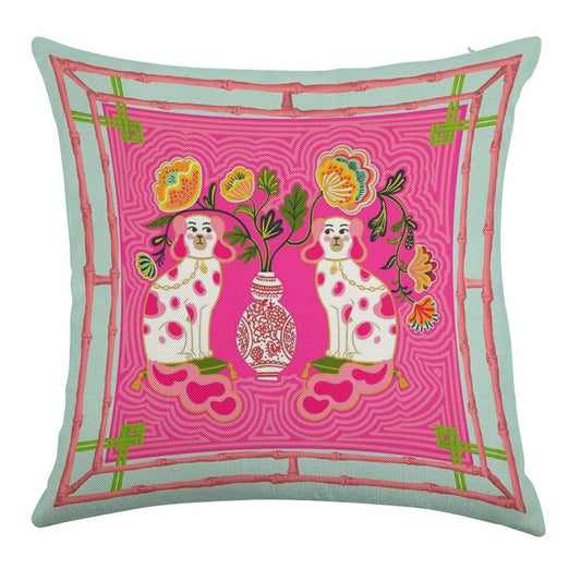 Chinoiserie Staffordshire Pink And Coral Linen Throw Pillow Cover