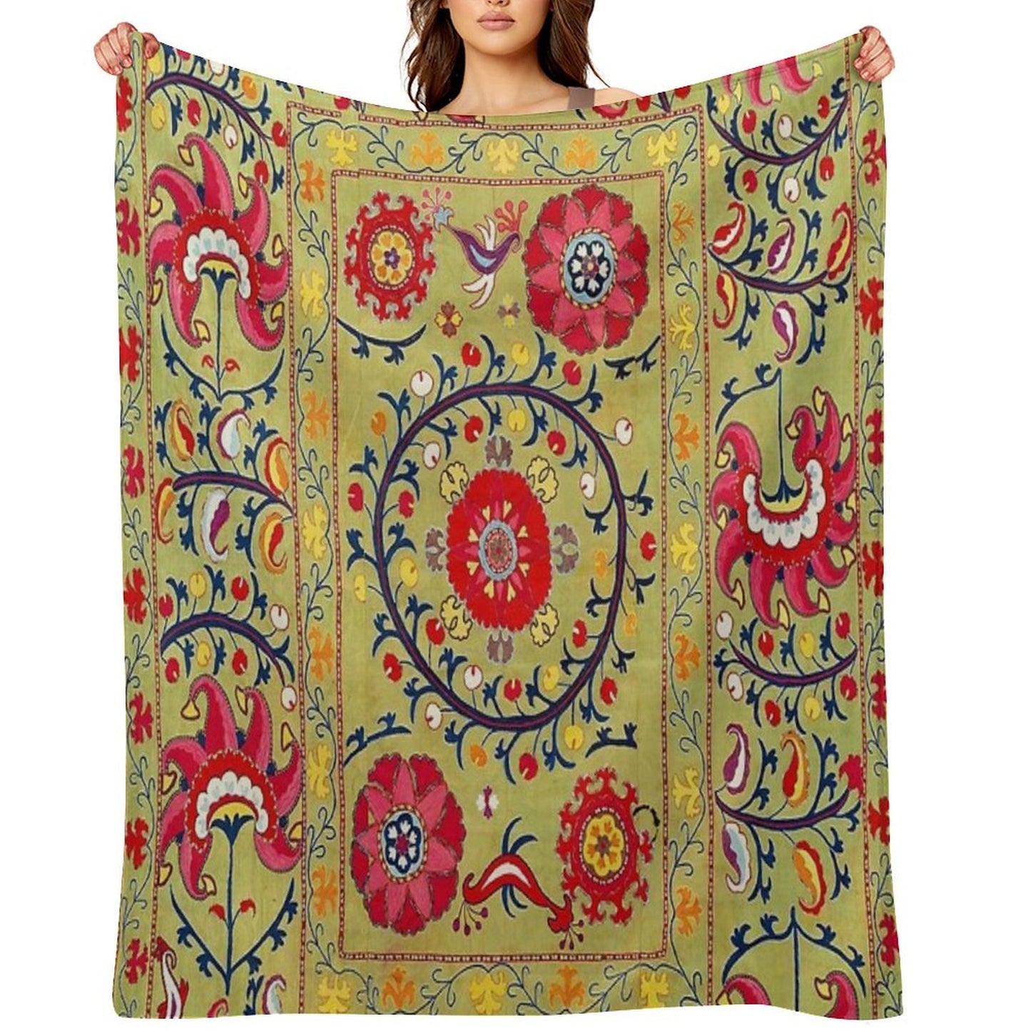 Lakai Suzani Uzbekistan Floral Embroidery Print Throw Blanket