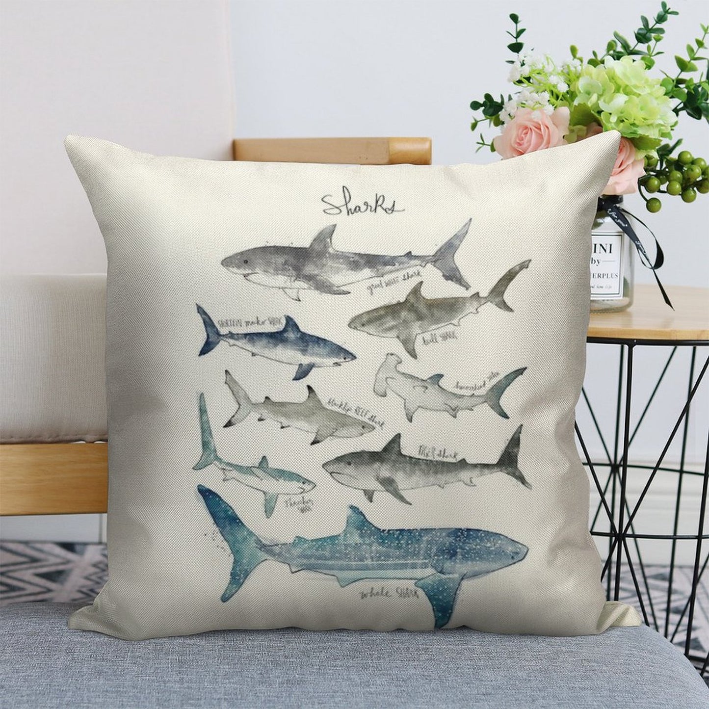 Sharks Linen Throw Pillow Cover