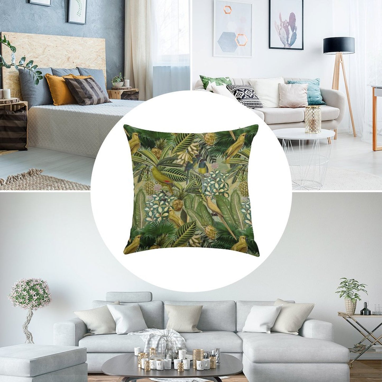 Vintage Green Tropical Bird Jungle Botanical Night Garden Nightgarden Linen Throw Pillow Cover