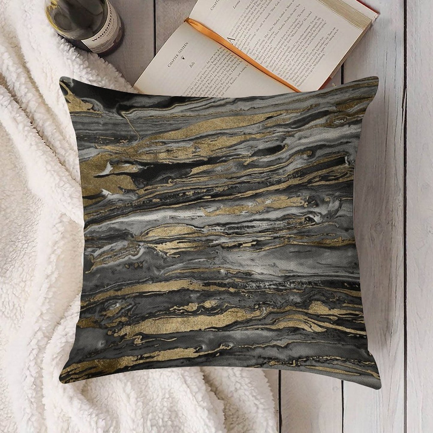 Stylish Grey Gold Abstract Marble Linen Throw Pillow Cover