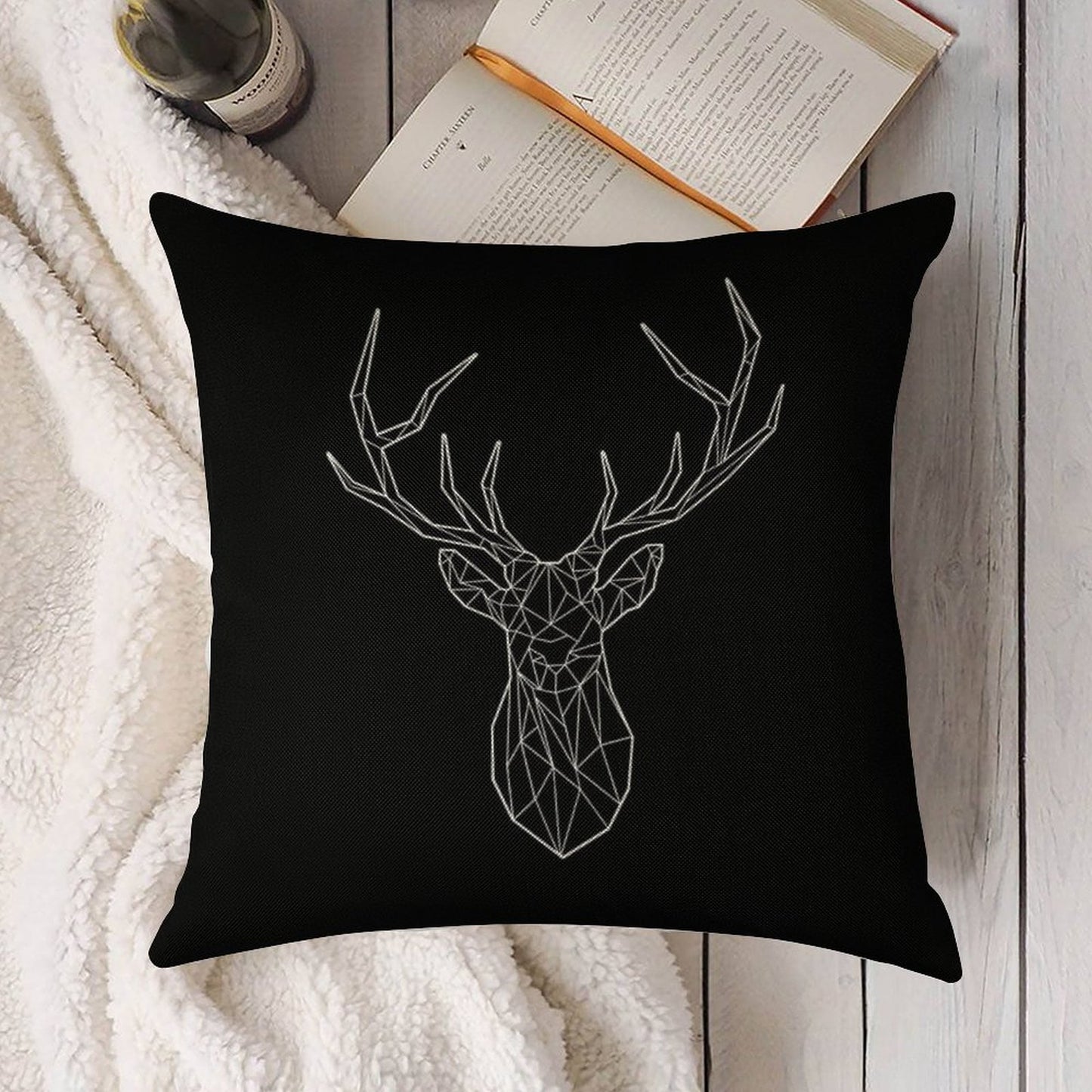 Geometric Stag - BLACK Linen Throw Pillow Cover