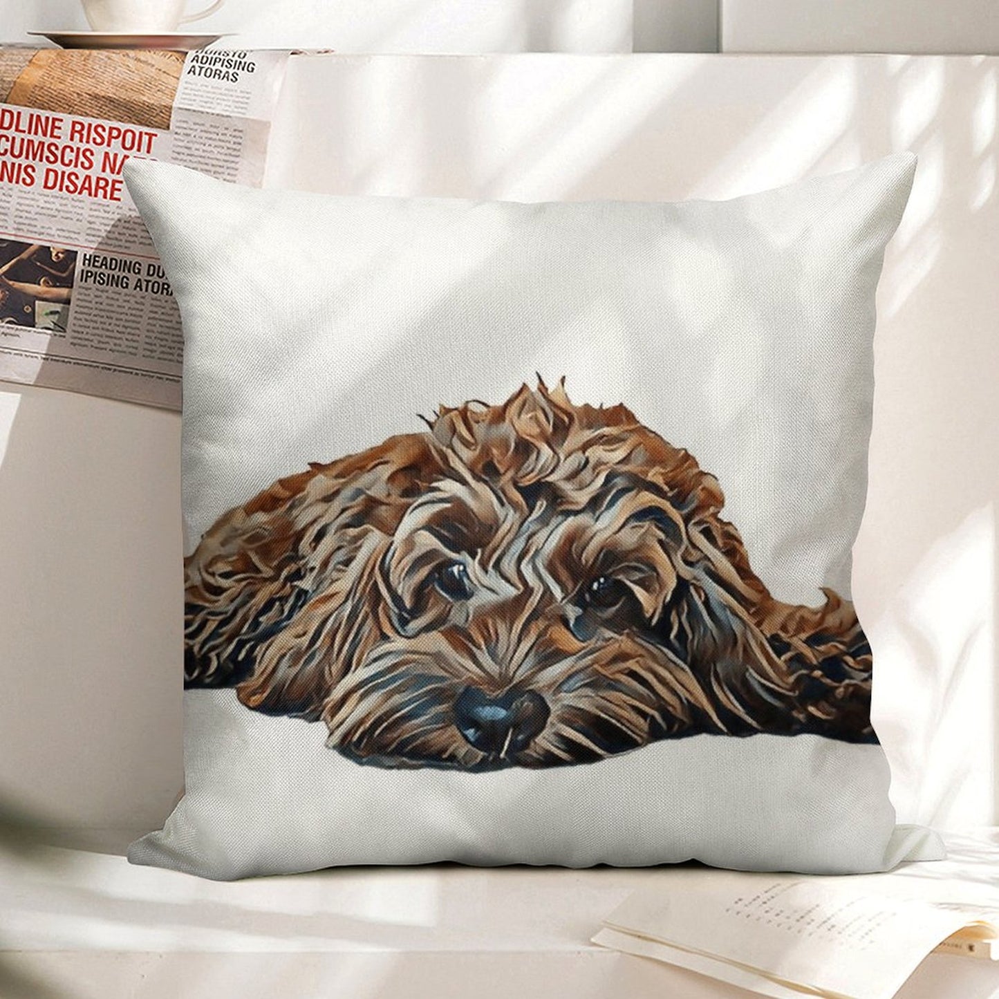 ChocolateBrown Cockapoo - White Background Linen Throw Pillow Cover