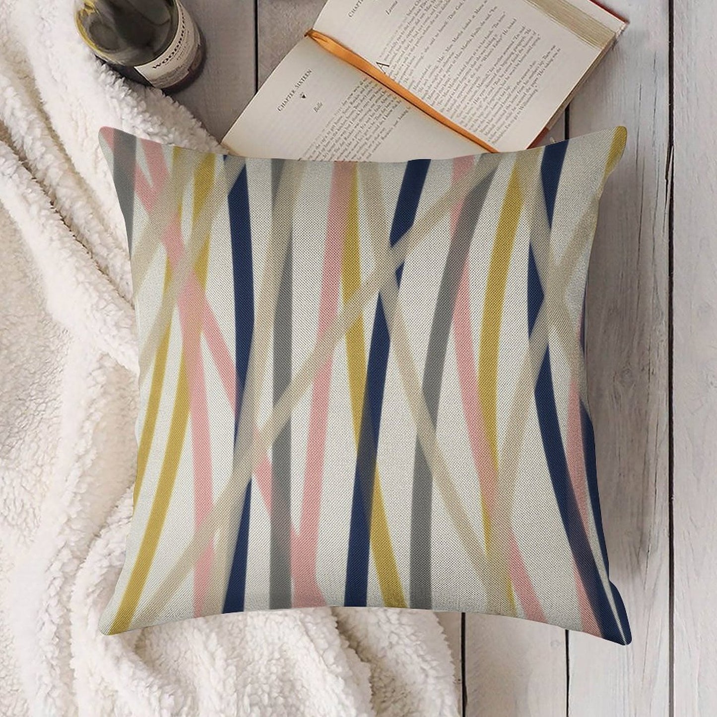Ribbon Abstract in Mustard Yellow, Blush Pink, Navy Blue, Grey, Almond, And White. Minimalist Modern Linen Throw Pillow Cover