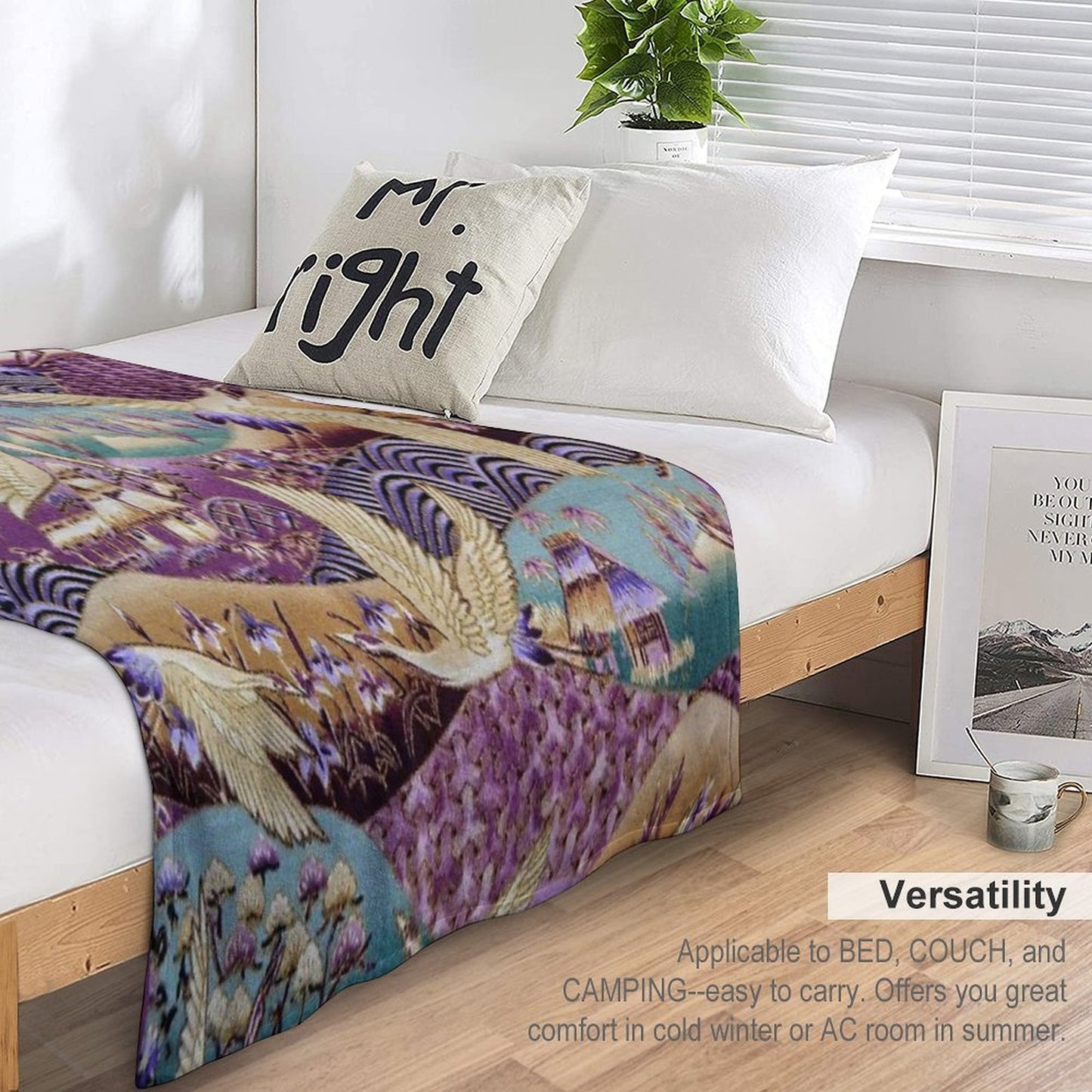 Japanese Crane Kimono Style Embroidered Pattern Throw Blanket