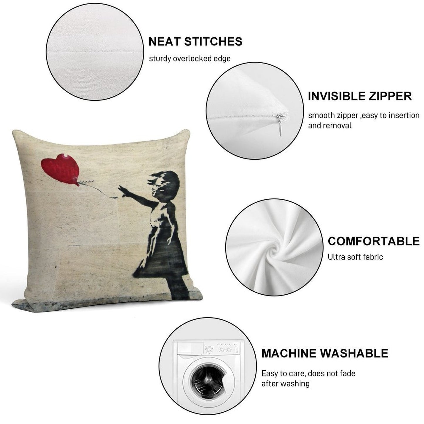 Banksy's Girl with A Red Balloon III Soft Washable Throw Pillow