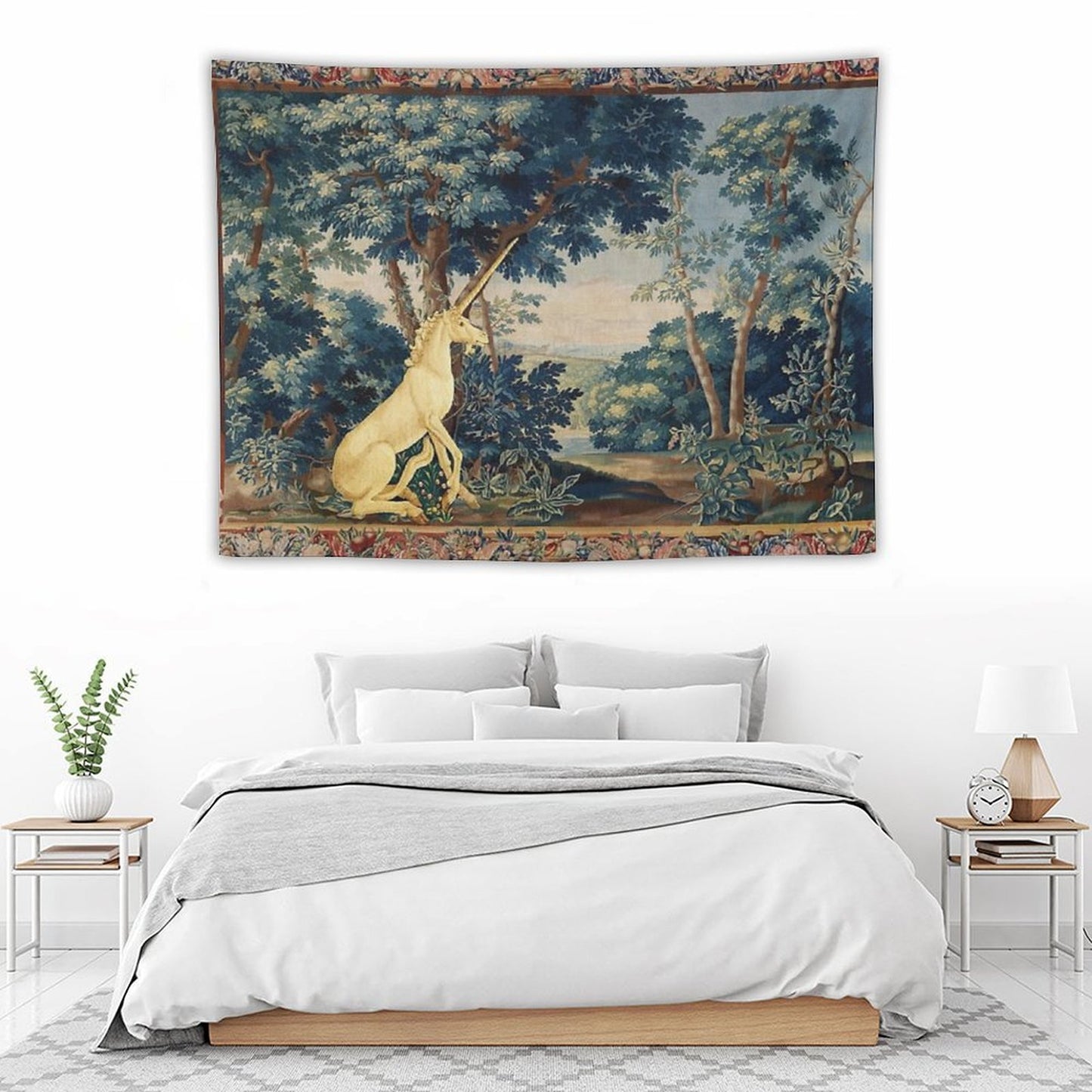 UNICORN IN WOODLAND LANDSCAPE AMONG GREENERY AND TREES Tapestry