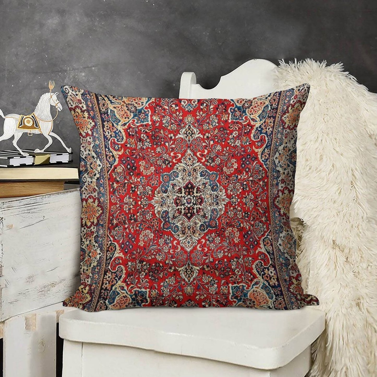 Red Blue Sarouk Persian Carpet Print Linen Throw Pillow Cover