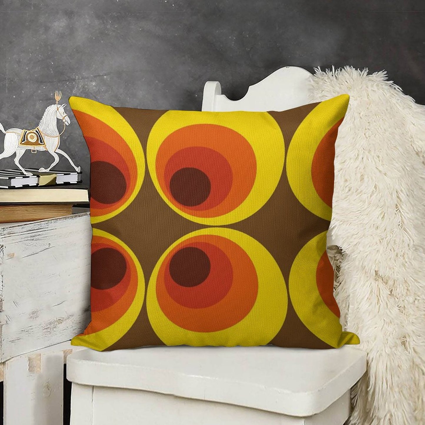 70s, 80s Funky Vintage Circle Pattern Linen Throw Pillow Cover