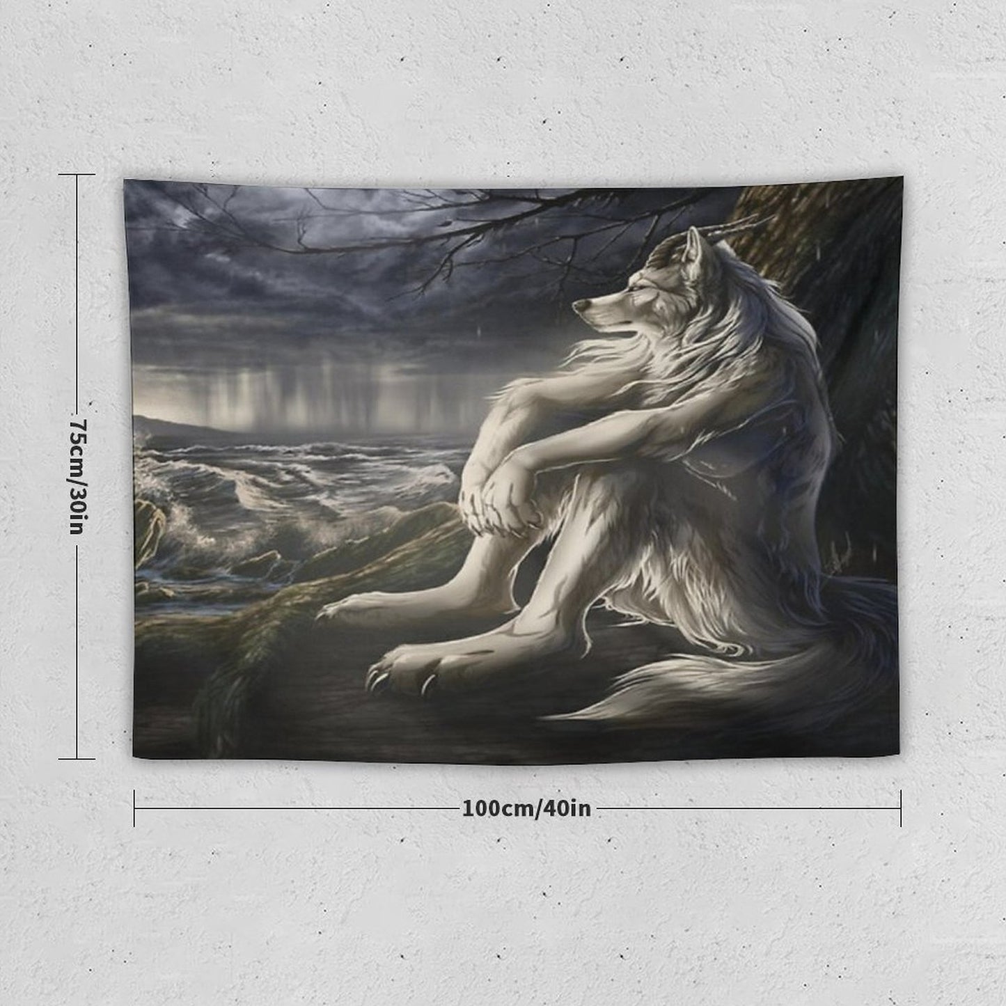 Emo White Wolf Sitting Sad Meme Tapestry