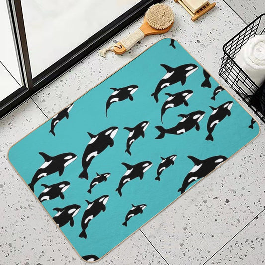 Orca Killer Whales Pattern on Blue Bath Mat