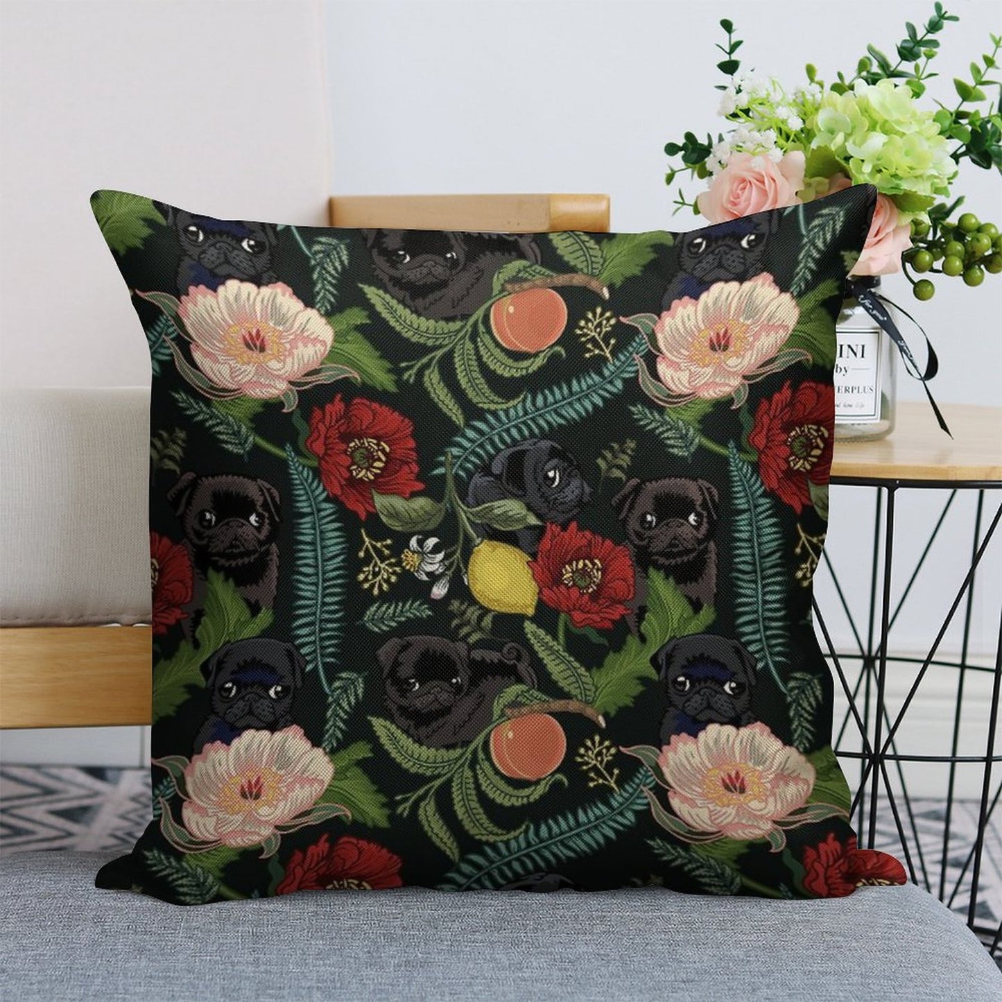 Botanical And Black Pugs Linen Throw Pillow Cover