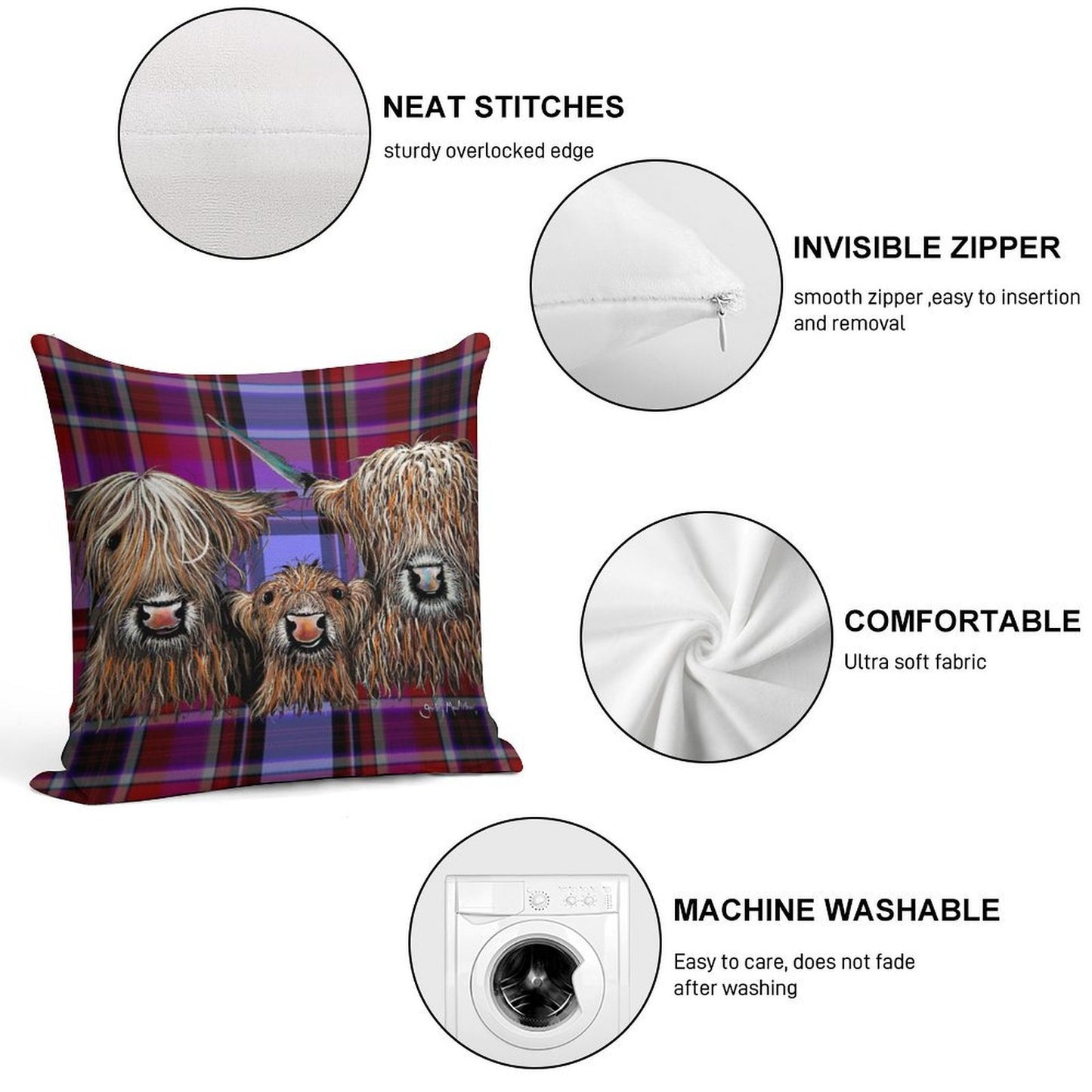 SCoTTiSH HiGHLaND CoW ' TaRTaN We 3 CooS P ' BY SHiRLeY MacARTHuR Soft Hidden Zipper Throw Pillow