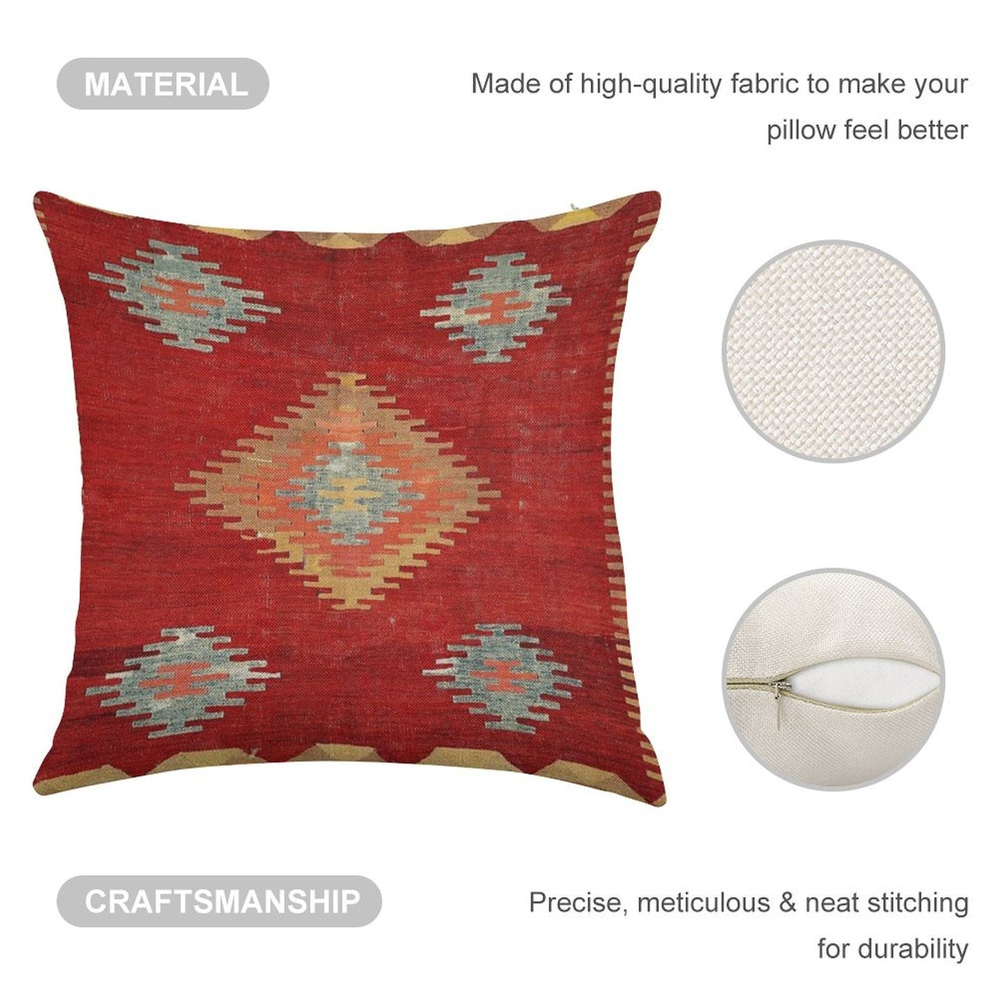 Çal Antique Turkish Kilim Print Linen Throw Pillow Cover