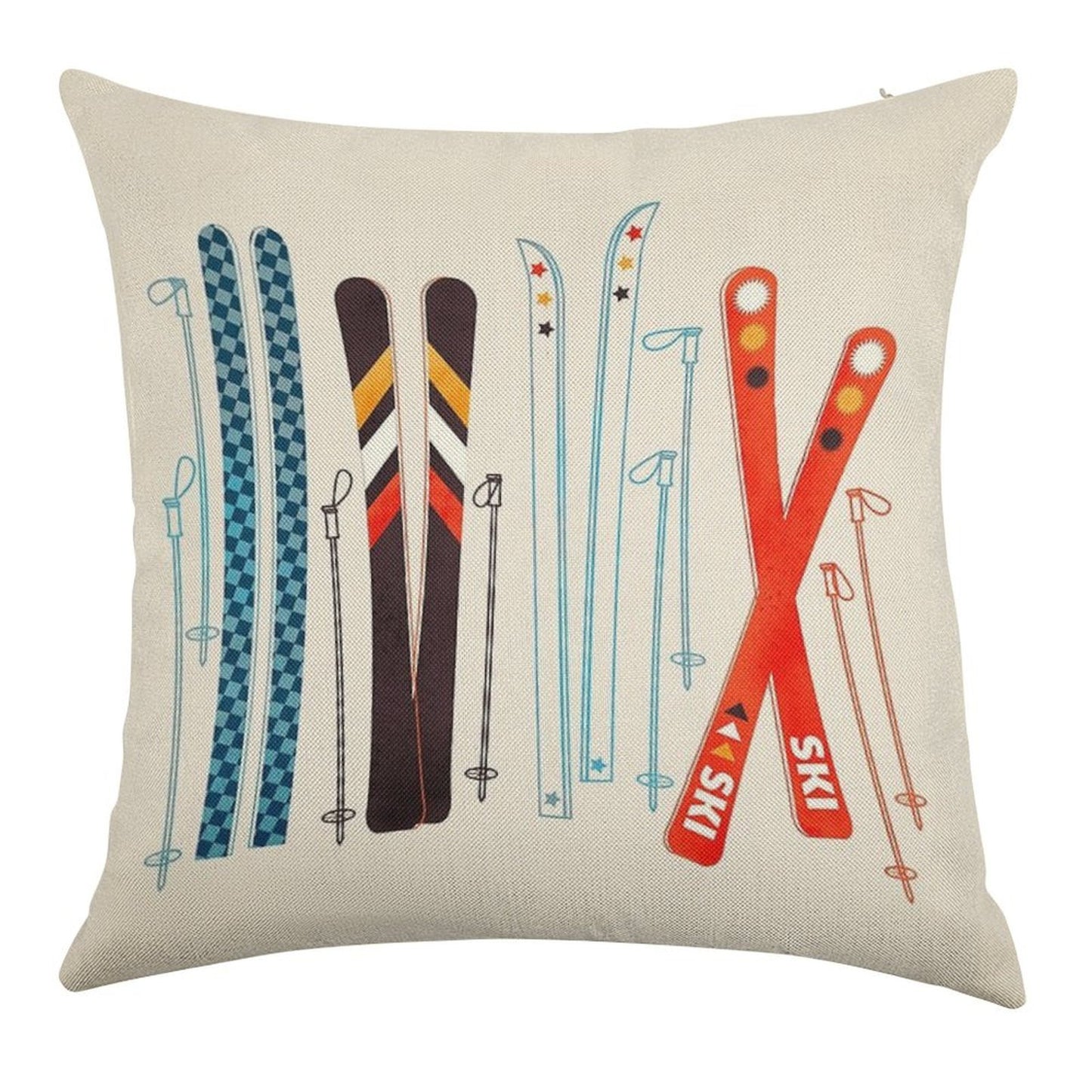 Colorful Retro Ski Illustration Linen Throw Pillow Cover