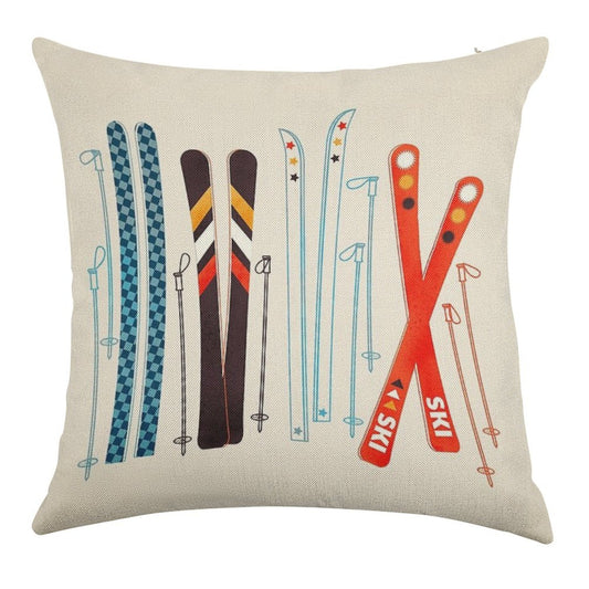 Colorful Retro Ski Illustration Linen Throw Pillow Cover