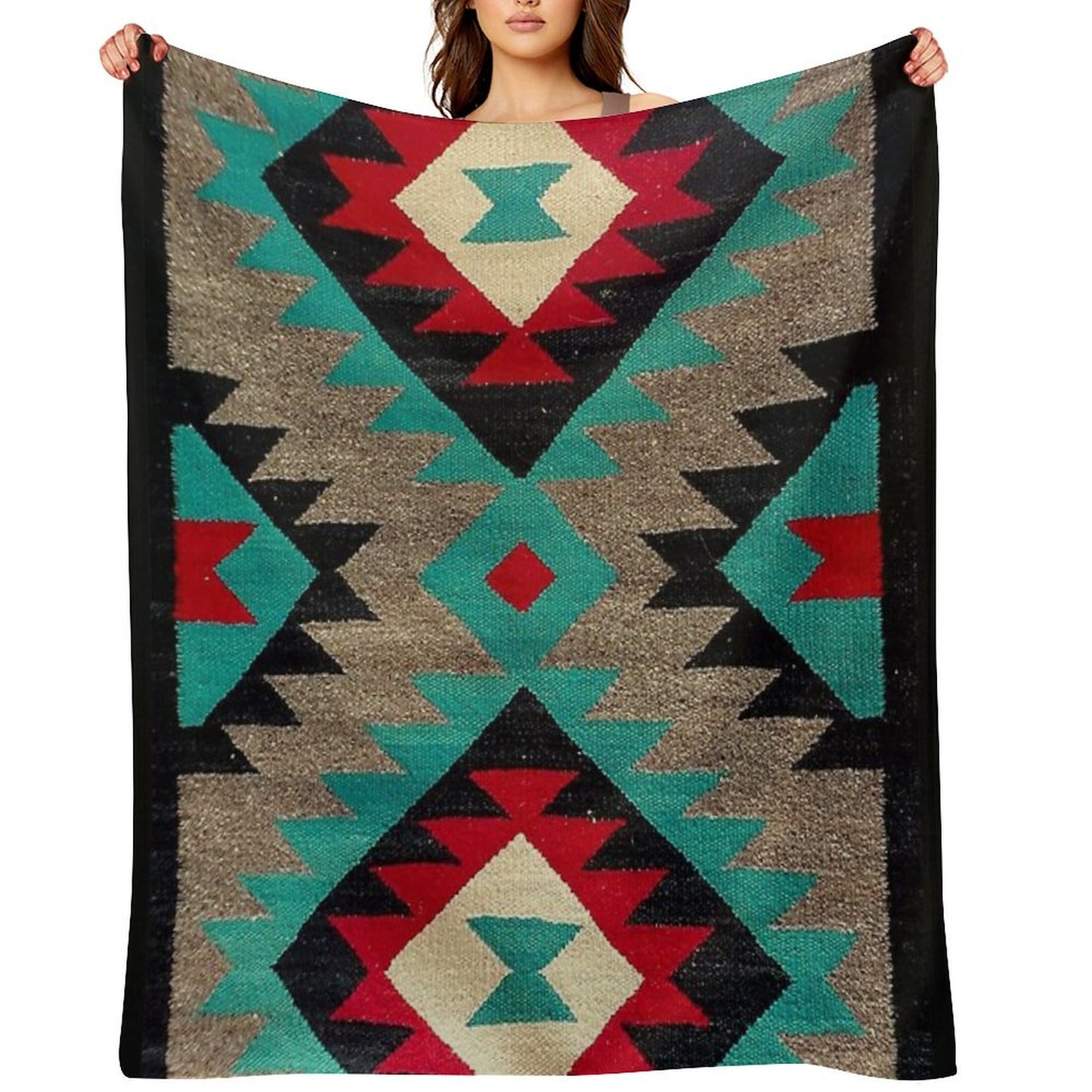 Navajo Blanket Pattern, Turquise, Red, Grey, Black Throw Blanket