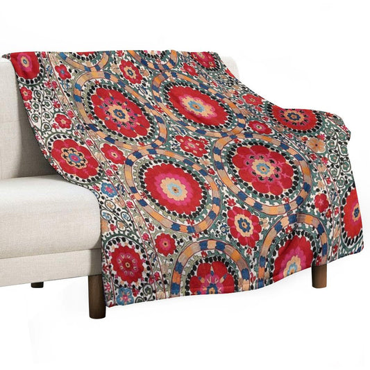 Karabag Suzani Uzbekistan Embroidery Print Throw Blanket