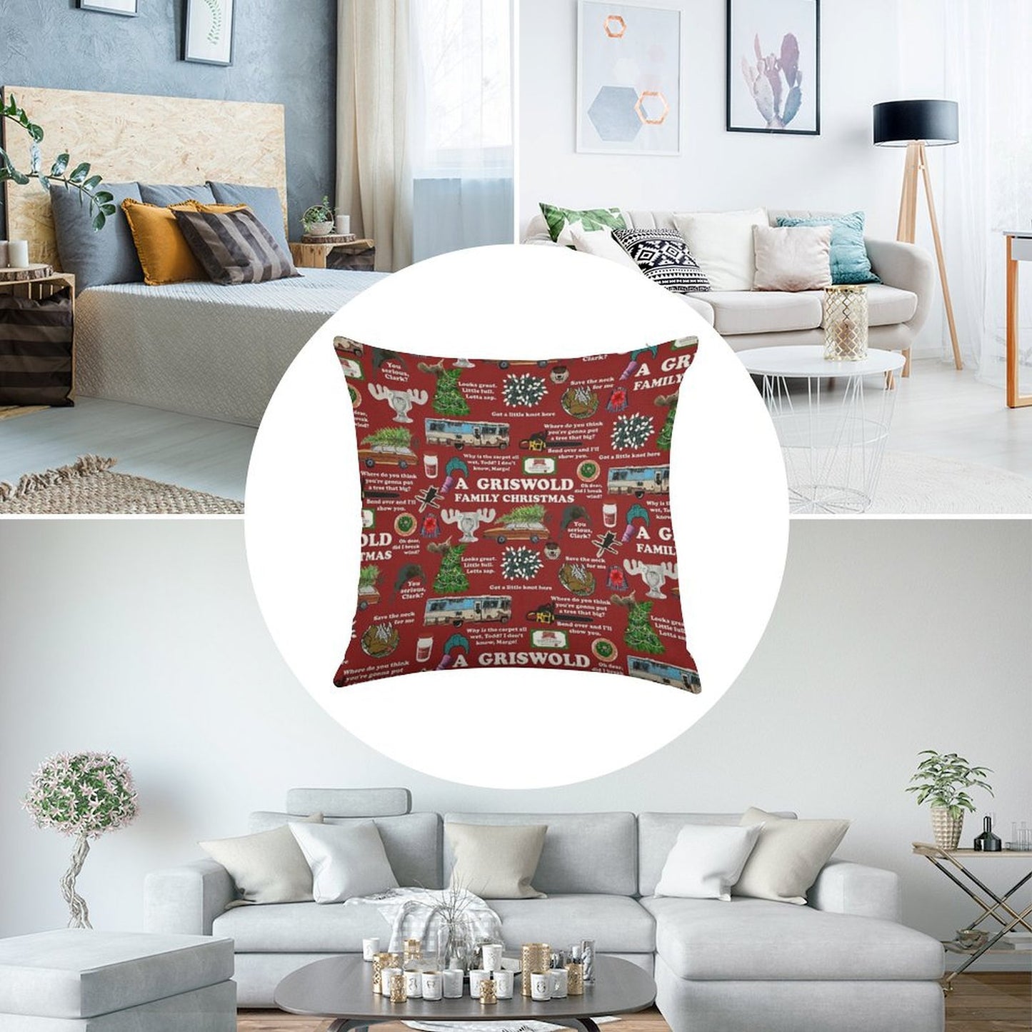Christmas Vacation Collage Linen Throw Pillow Cover