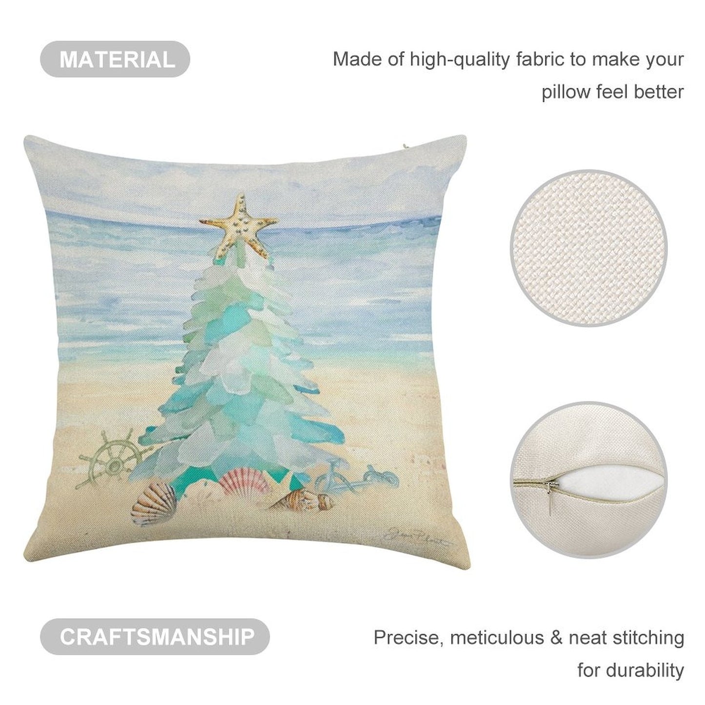 Coastal Seaglass Christmas Tree B Linen Throw Pillow Cover