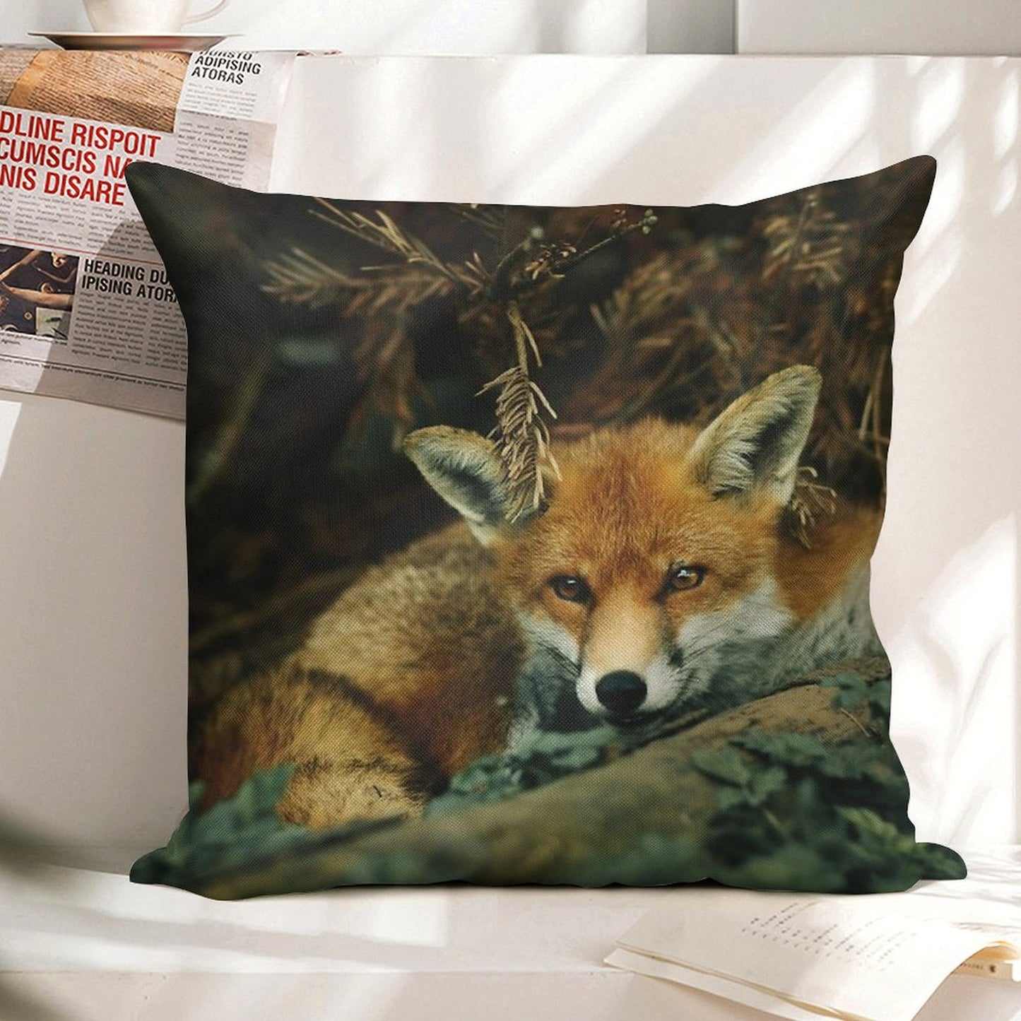 Red Fox in The Forest Linen Throw Pillow Cover