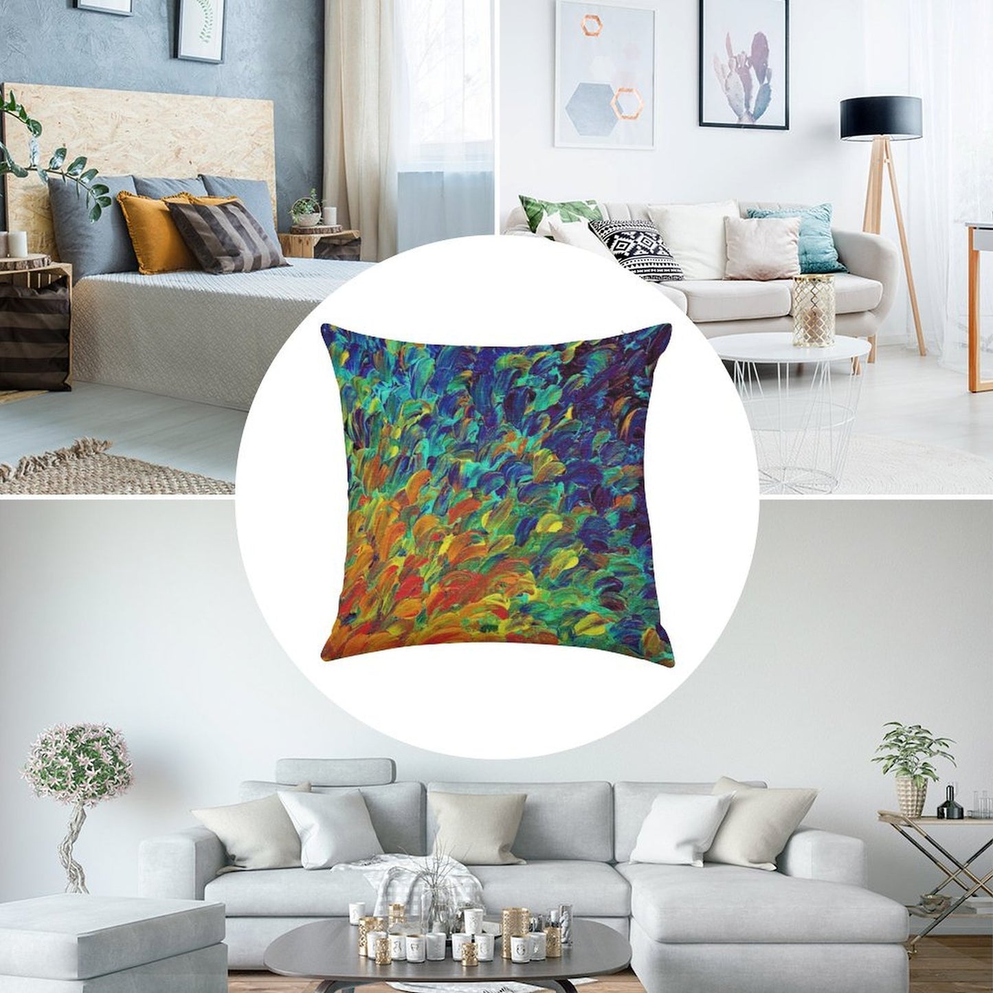 FOLLOW THE CURRENT 1, Bold Colorful Abstract Acrylic Painting Ocean Waves Blue Orange Splash Ombre Fine Art Linen Throw Pillow Cover