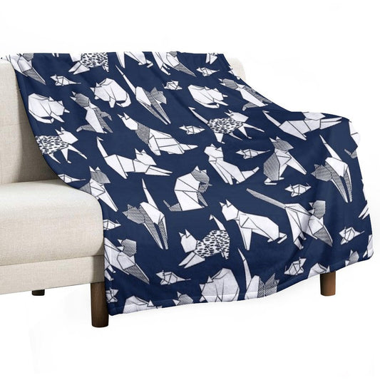 Origami Kitten Friends Blue Navy Background Paper Cats Throw Blanket