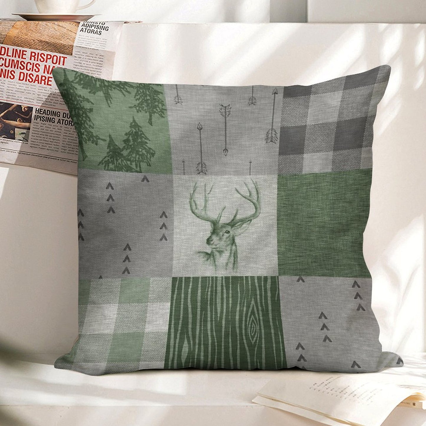 Rustic Deer Patchwork - GreenGrey Linen Throw Pillow Cover