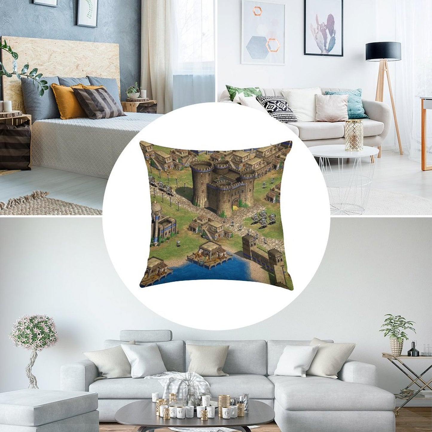 Age of Empires 2 Oriental Town Linen Throw Pillow Cover