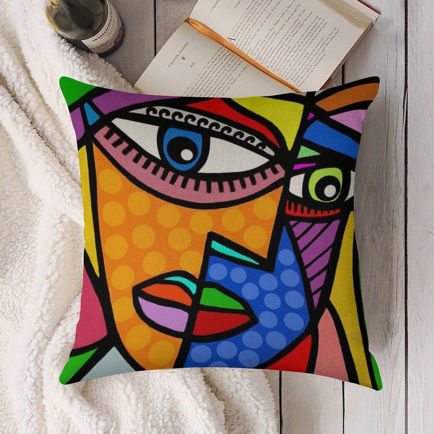 Funky Abstract Style Art Face with Dots And Stripes Linen Throw Pillow Cover