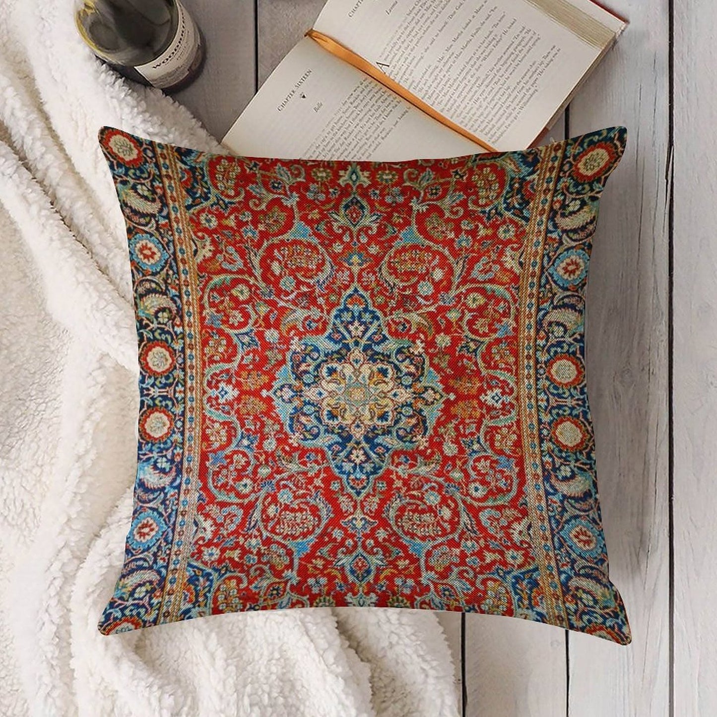 Red Blue Antique Floral Persian Carpet Print Linen Throw Pillow Cover