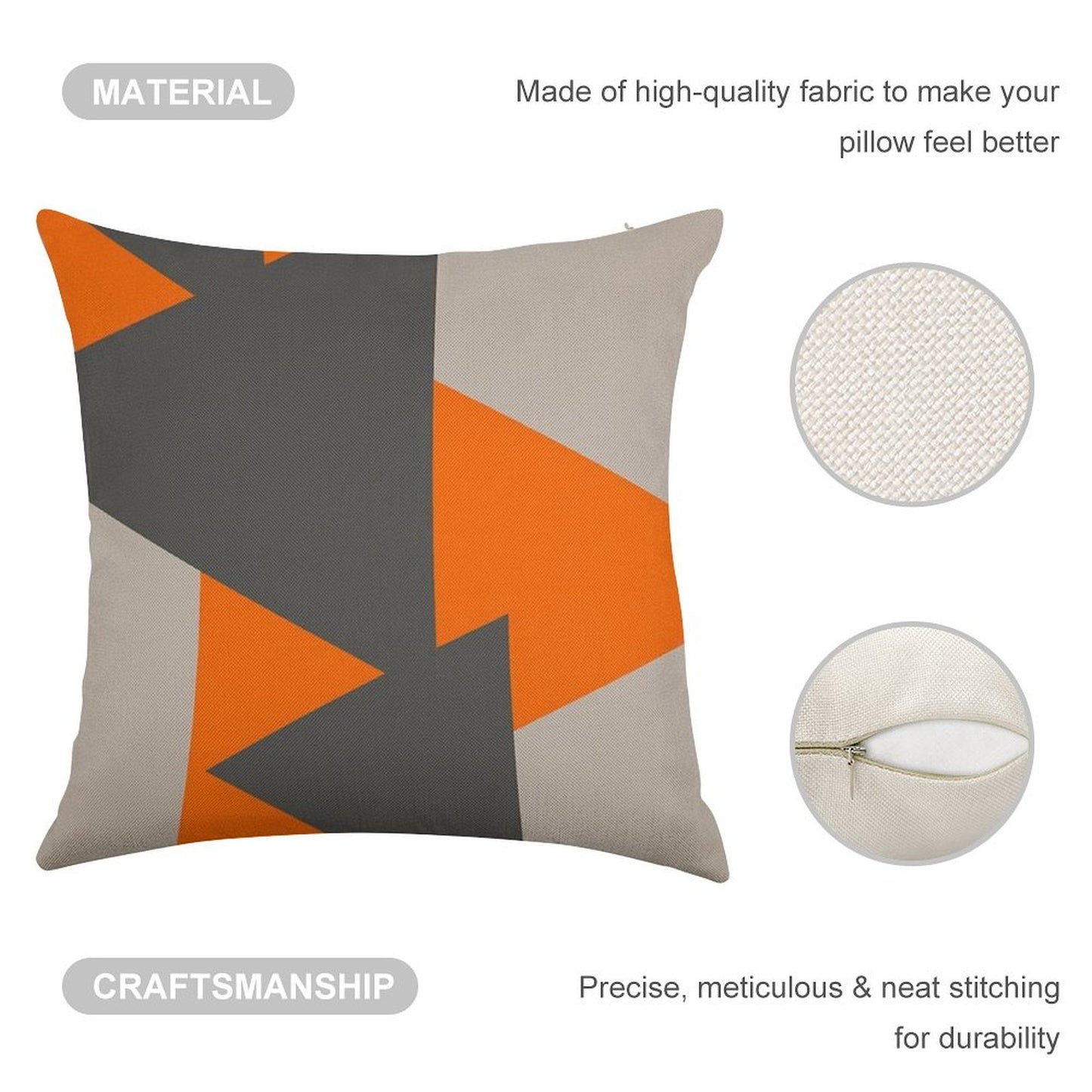 Orange And Grey Triangles Linen Throw Pillow Cover