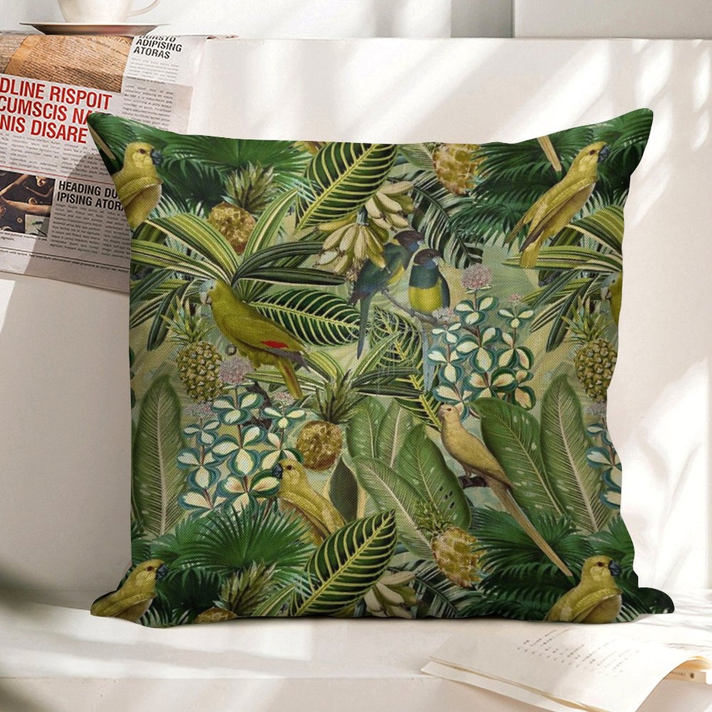 Vintage Green Tropical Bird Jungle Botanical Night Garden Nightgarden Linen Throw Pillow Cover