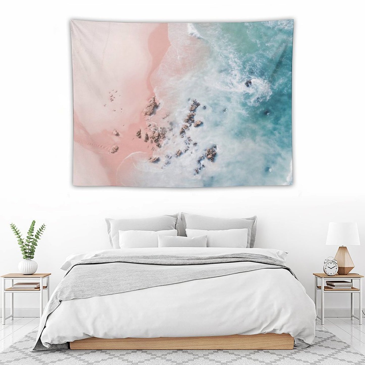 Sea Bliss - Aerial Pink Beach Ocean Sea Photography by Ingrid Beddoes Tapestry