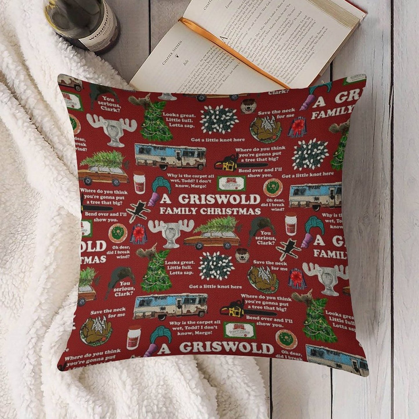 Christmas Vacation Collage Linen Throw Pillow Cover